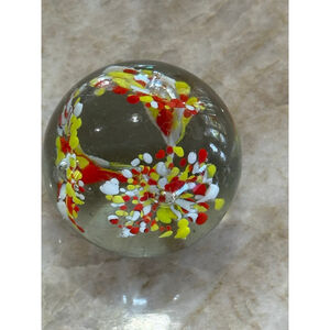 Vintage Glass Paperweight Clear orange Yellow White floral fireworks Old antique